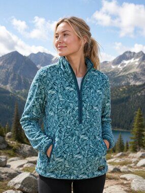 LL Bean Sweater Fleece Womens Medium Pullover Teal Outdoor Half Zip